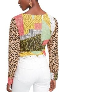 Anthropologie BInk Leopard Patchwork Blouse Wrap Top Tie Closure Shirt Sz XS